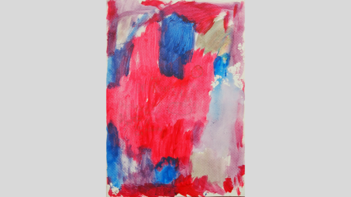 Abstract painting featuring pink and blue paint. Much of the painting is bright pink, with blue patches in the top middle, middle left, and bottom left. There are indistinct pencilled circles and words underneath the paint. 