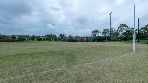 a sportsfields with line oval markings. AFL goal posts and sportsground lighting are visible. on the right