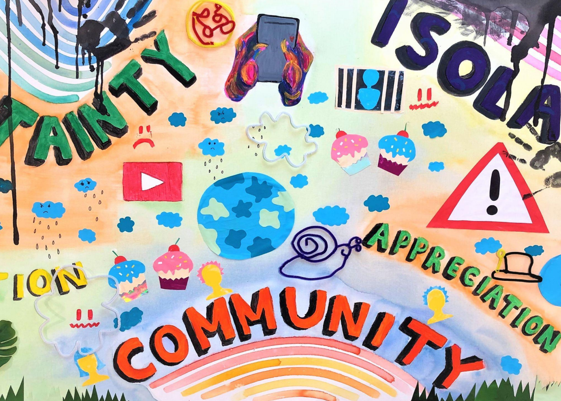 Artwork with various words (community, appreciation) and drawings (youtube logo, warning sign, cupcake) on colourful background.