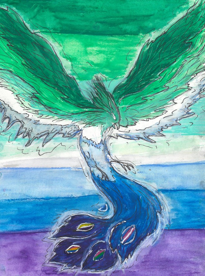 Piece of artwork - bird with pride flags in tail on green/white/blue/purple background.