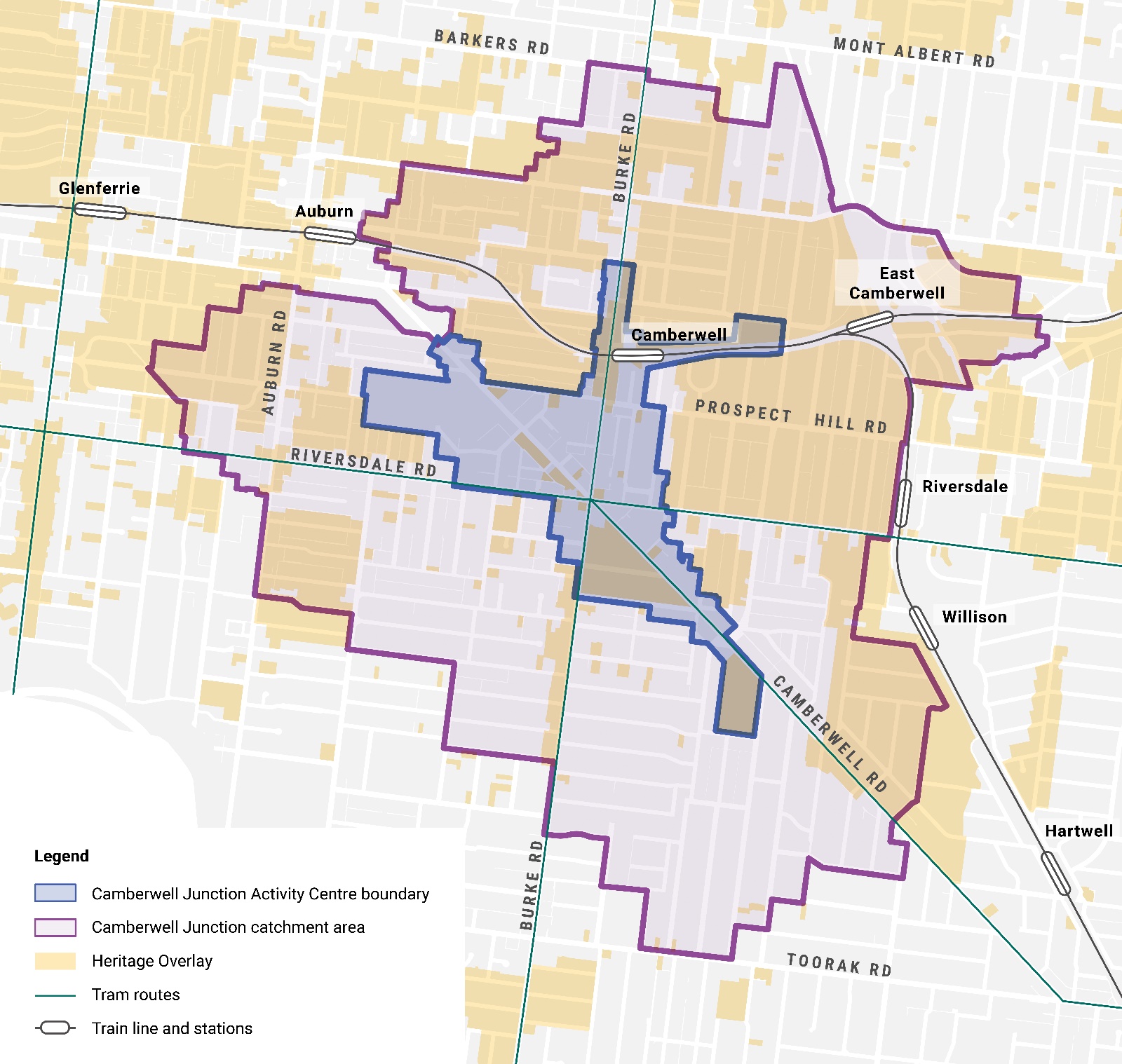 The image is a map of the Camberwell area in Melbourne, Australia. The map includes the following: - The boundaries of the Camberwell Junction Activity Centre. - The boundaries of the Camberwell Junction catchment area. - Heritage overlays. - Tram routes. - Train lines and stations. - The names of several surrounding areas like Glenferrie, Auburn, Riversdale, and Hartwell. - The names of several roads, including Barkers, Burke, Auburn, Prospect Hill, and Toorak.