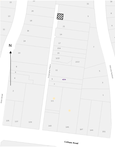 A map of Ermington Place in Kew, with a small area at the northern end crosshatched