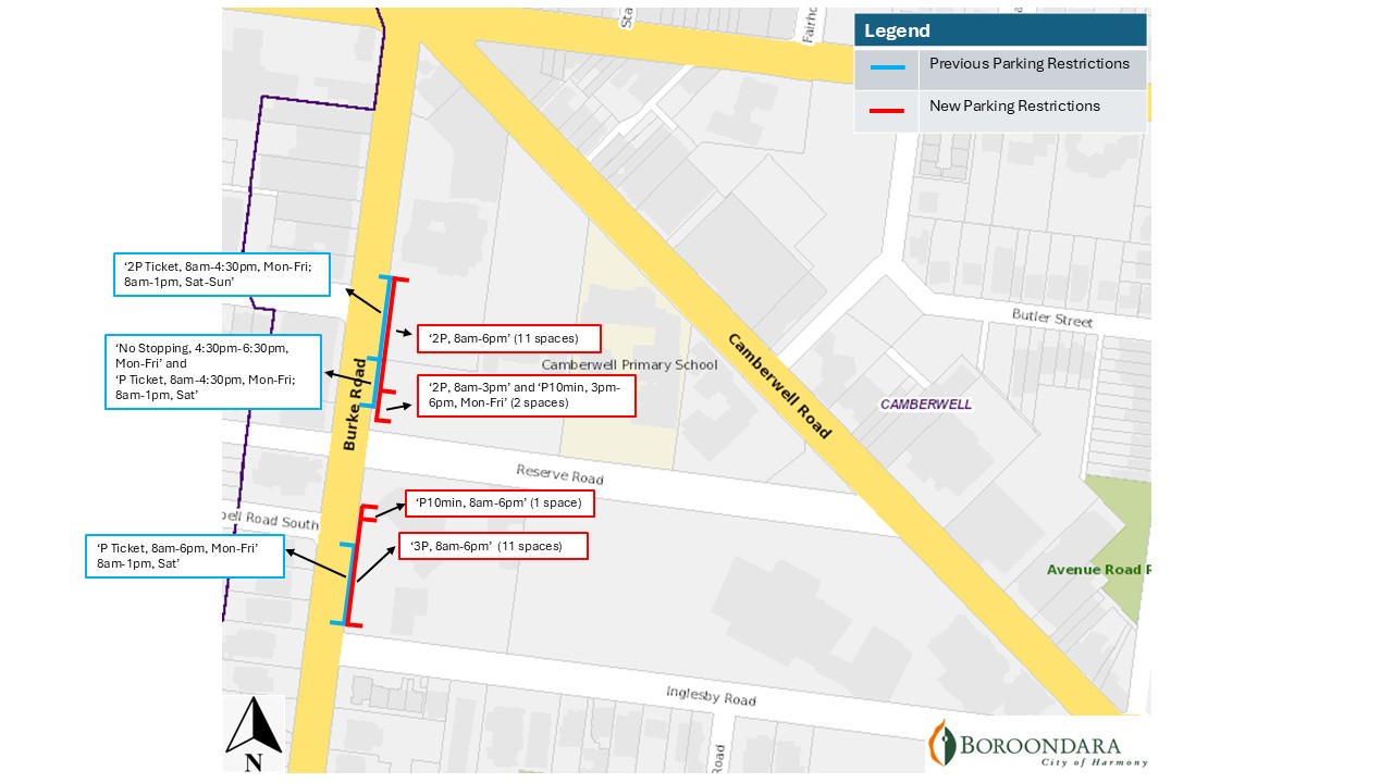 map of Bourke Road where parking restrictions have changed, near reserve road