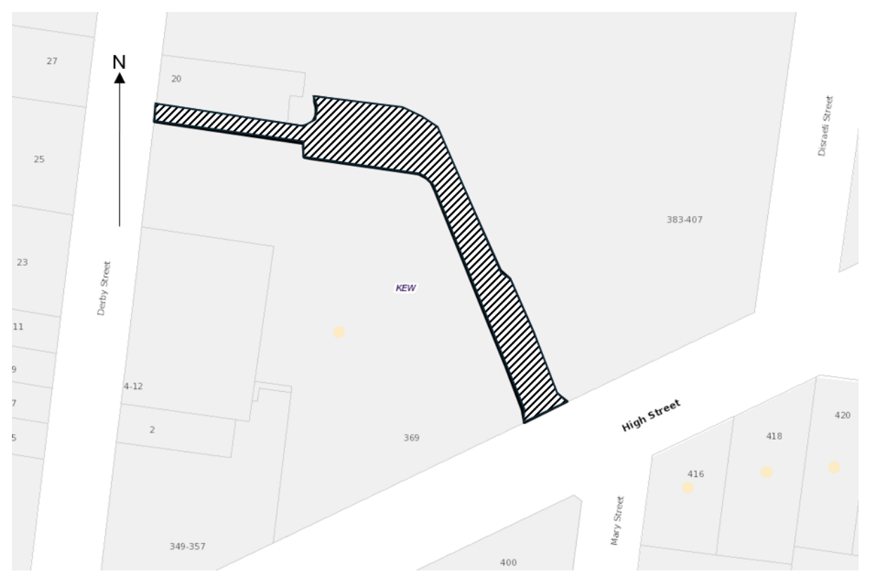 Road map section including Derby Street in Kew