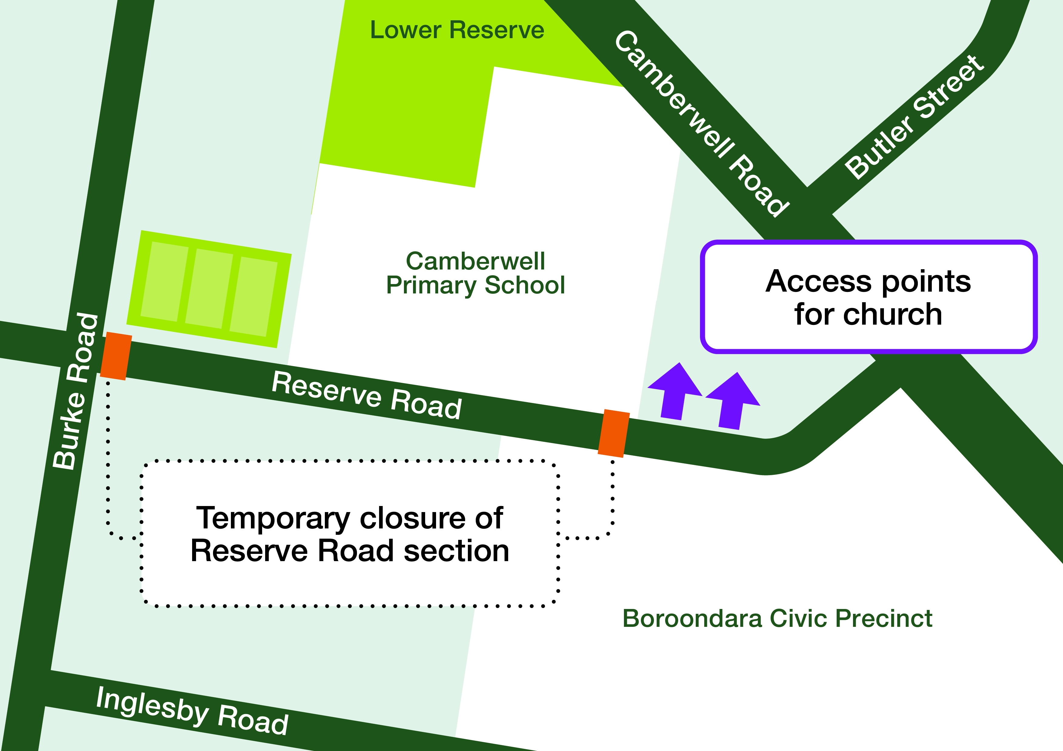 a map showing the section of reserve road that is closed, with access points at the eastern end remaining to the church