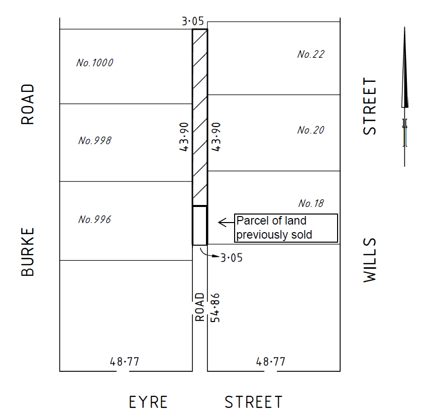 A line drawing of the parcel of land to be sold and the adjoining lots. A small lot of the road south of the current parcel to be sold was previously sold. 