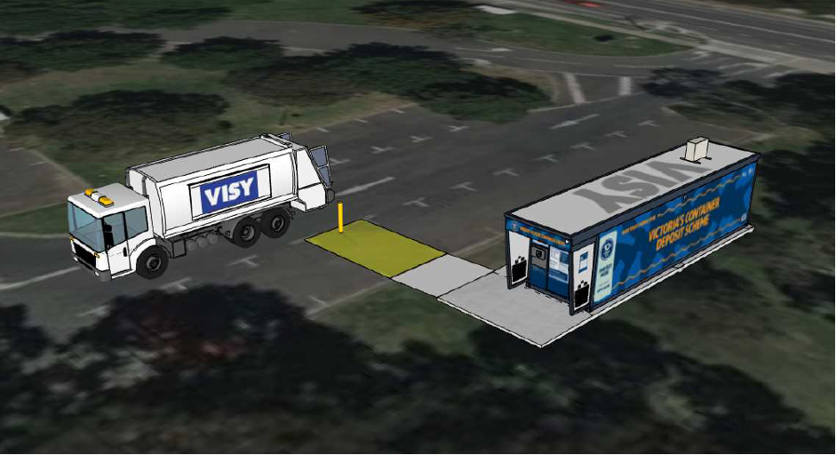 Illustration of a VISY recycling truck pulling into a reverse vending machine in a car park