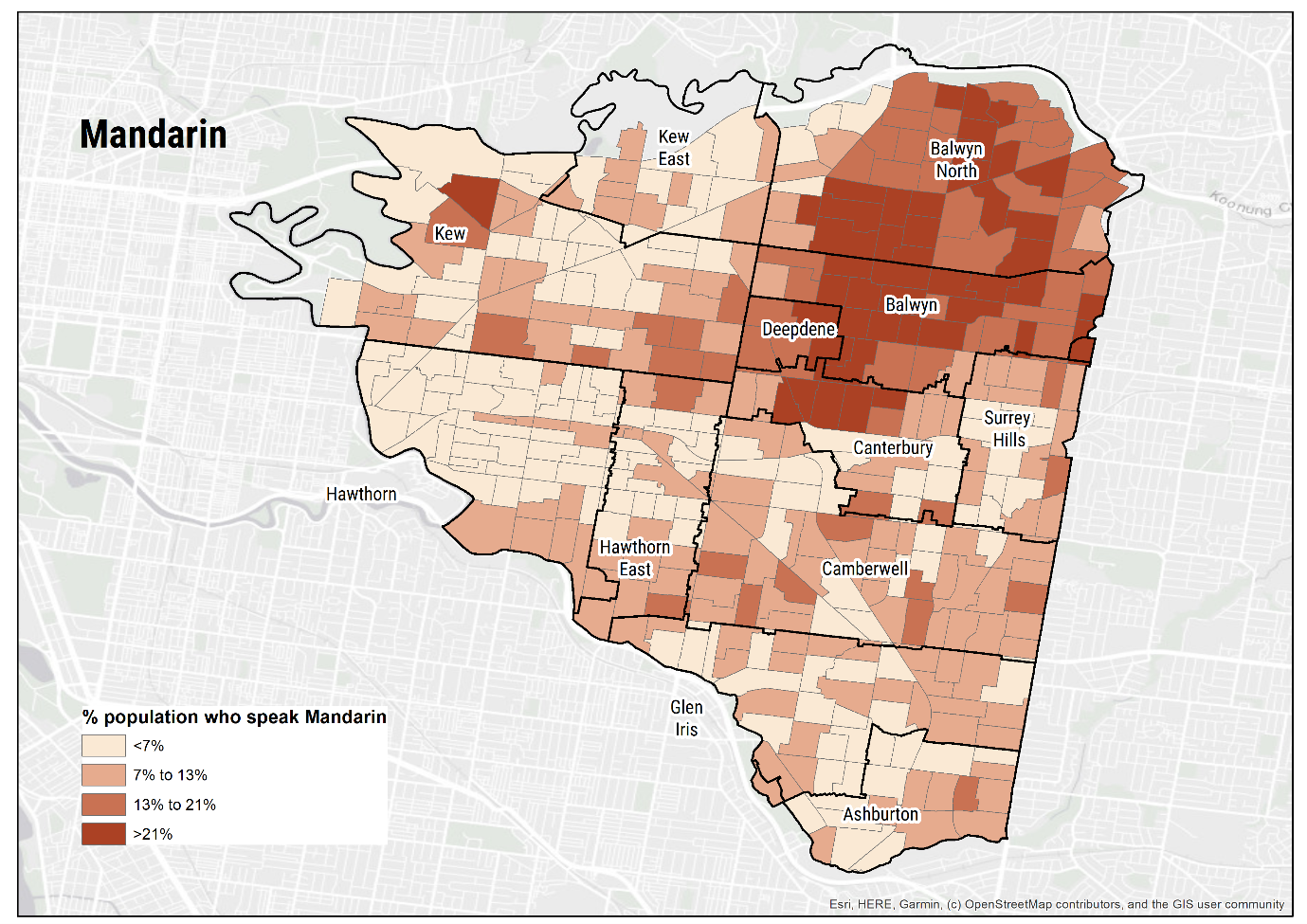 : Map 2 shows the percentage of the population at an SA1 level who speak Mandarin. The map is shaded in four categories: less than 7% (light cream), 7% to 13% (light brown), 13% to 21% (medium brown), and over 21% (dark brown). Higher proportions of who speak Mandarin are concentrated in the northern and northeastern areas, particularly Balwyn, Balwyn North, Deepdene and Canterbury. Lower proportions are seen in Hawthorn, Hawthorn East, Glen Iris and Ashburton and parts of Glen Iris.