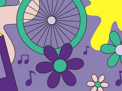 smiley faces, music notes and a bicycle wheel against a purple background