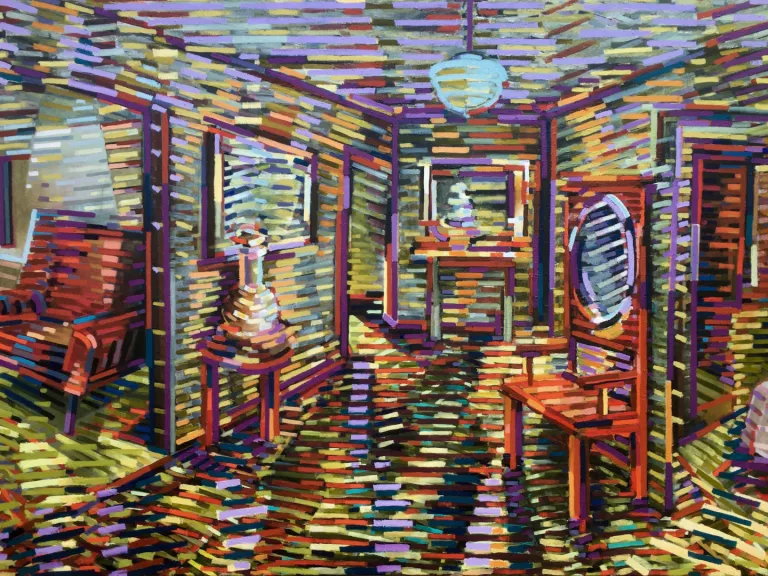 Painting of the interior of a room, with chairs, a table with a vase and a light hanging from the ceiling. The painting is made up of short lines which abstracts the image.