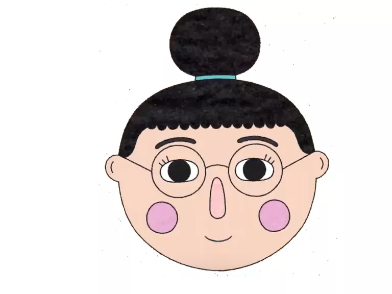 A cartoon head. They are smiling, and are wearing round glasses and have their black hair up in a bun on top of their head.