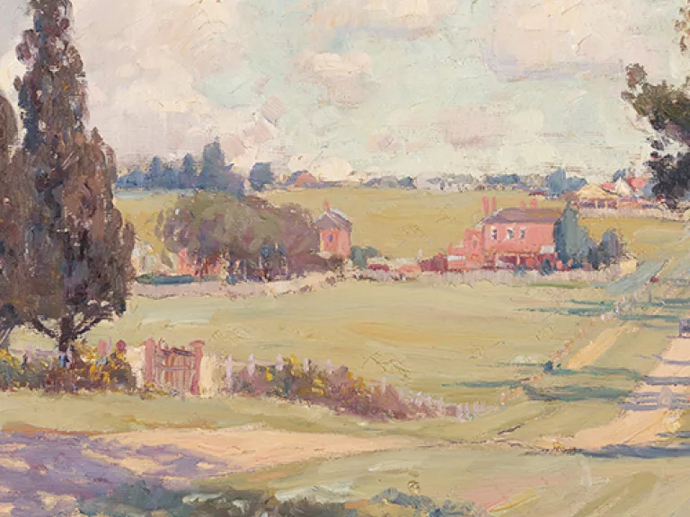 Painting of a landscape with houses surrounded by fields and trees