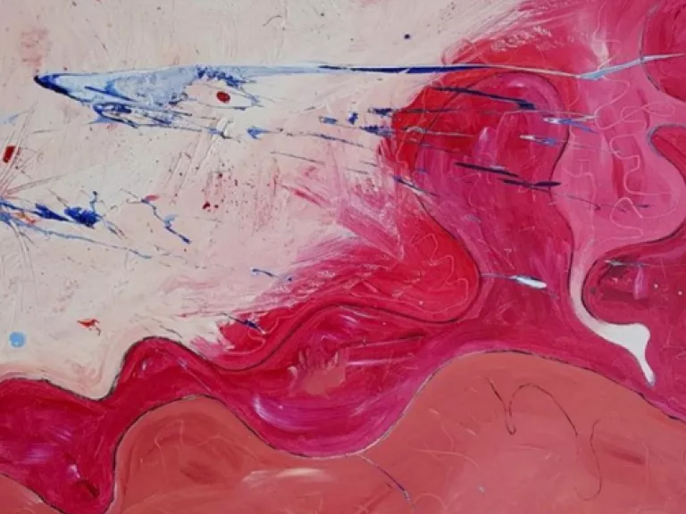 Painting by Donald Bate that is abstract with varying pink shades that swirl across a background with blue and white paint splattered across the canvas