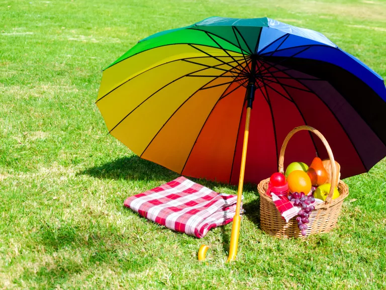 A rainbow umbrella on the ground over a fruit basket and folded picnic blanket on a sunny day