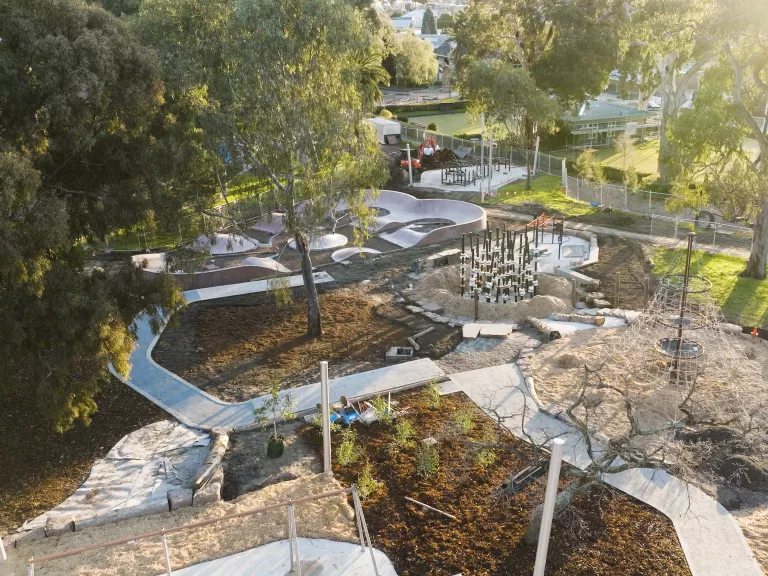 Looking down on the Victoria park regional playground area that has been newly renovated with new equipment and landscaping