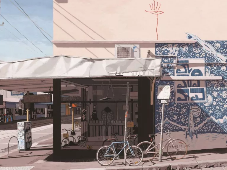 A painting of a cornershop on a quiet but modern street, with bikes parked outside and a blue intricate mural of a spaceship on the wall beside in