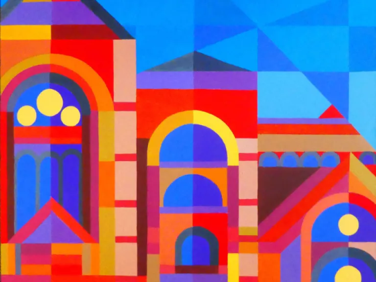 An artwork featuring geometric shapes that depict the front of buildings close together in bright blues, reds, and yellows