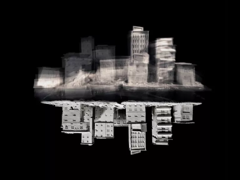 Print artwork of a series of blurry and grey multi-storey buildings with a clearer upside-down reflection. The background is black.