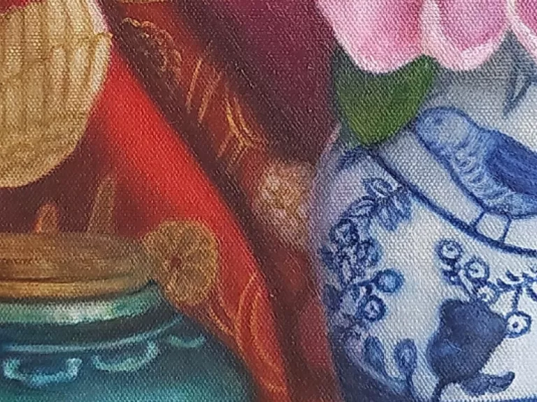 A painting of 2 vases - one green with a gold lid, one chinese porcelain white and blue. The background is a red fabric with a embroided gold bird. 