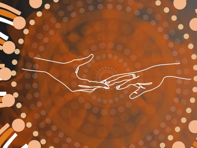 digital image of two hands reaching out to each other in a circle made of arches and dots in different shades of brown