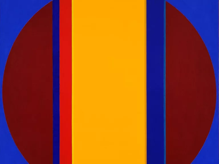 A painting of a circle made up of different coloured stripes, in this instance cropped. 