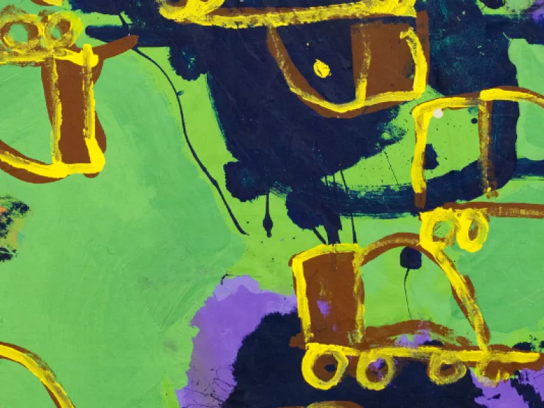 Acrylic painting of yellow outlines of cement mixers on top of a blue, green, purple and peach background.