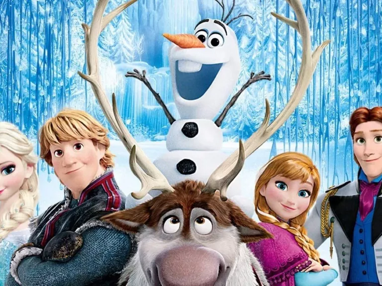 Animated snowman sitting on a moose with boys and girls standing on either side