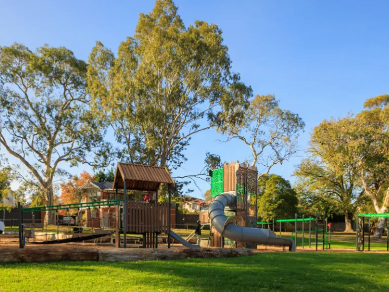 plaground against a backdrop of gum trees. the playground has slides, climbing frames, swings, ladders and ramps