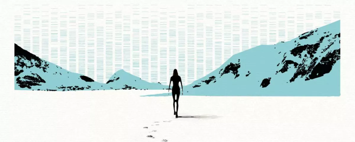 Graphic of a person walking towards mountains