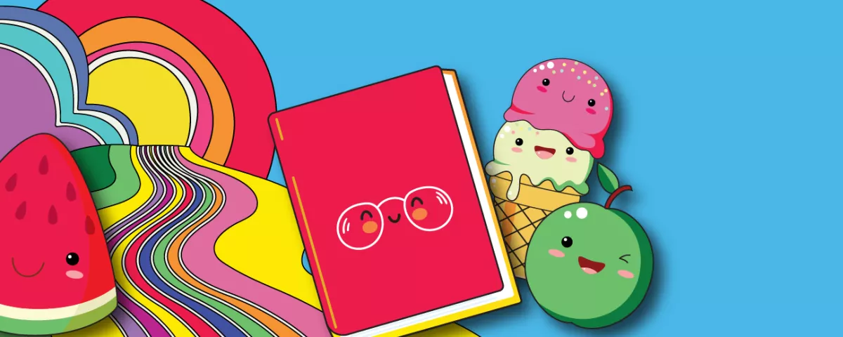 Vector graphic watermelon, ice cream, book and rainbow on a blue background