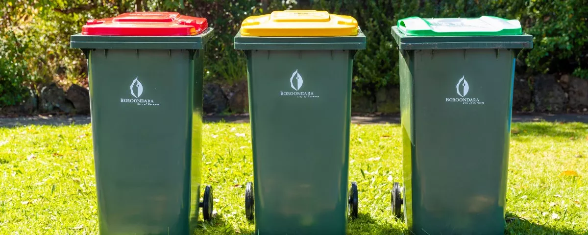 3 bins - red lid, yellow lid, green lid