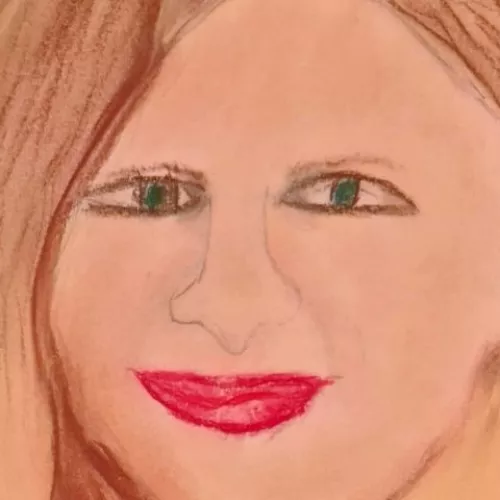 Pastel portrait of a person smiling.