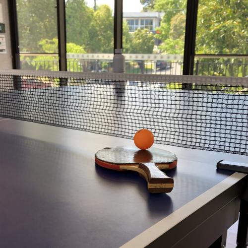 Table tennis bat and ball sitting on table tennis table.