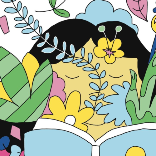 Colourful illustrated flowers with a book cover