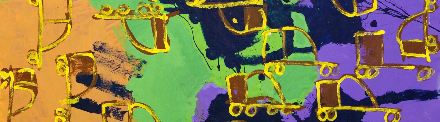 Acrylic painting of yellow outlines of cement mixers on top of a blue, green, purple and peach background.