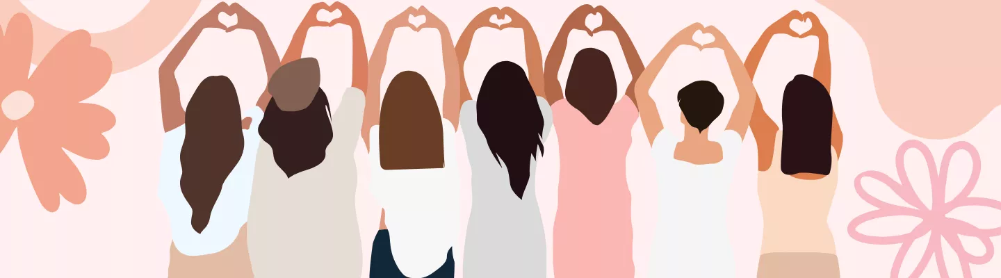 An illustration of 7 women, seen from behind, with their hands in the air.