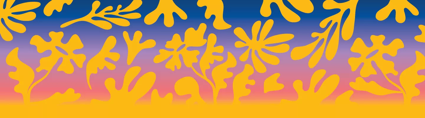 leaf and flower shapes on a gradient background