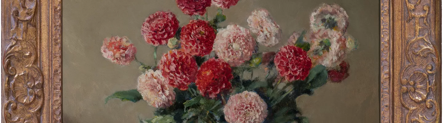 Painting of pink and red flowers in a vase