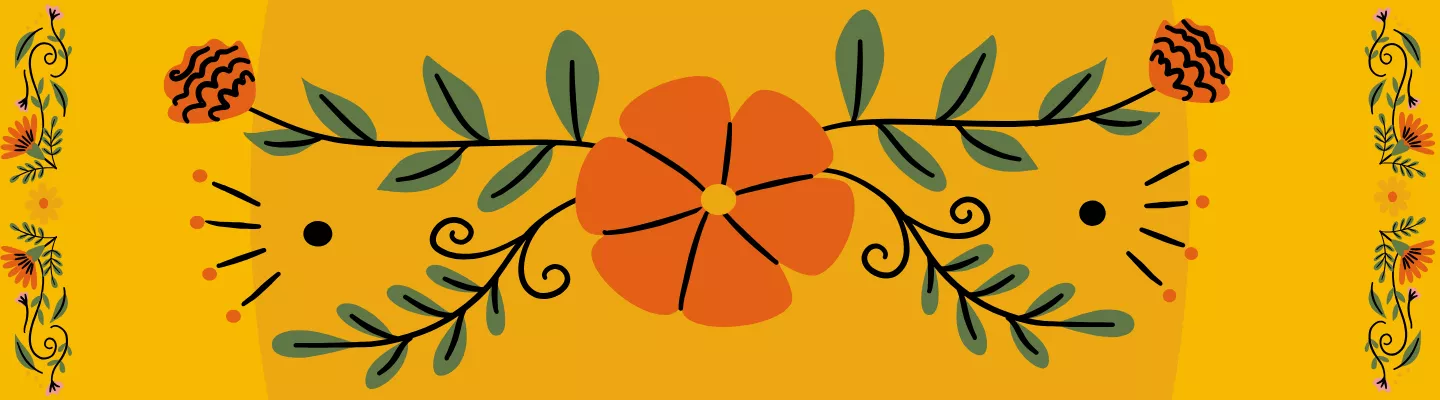 An orange flower with 5 petals, and green tendrils on a yellow background