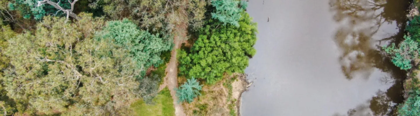 Aerial view of a river running through parklands