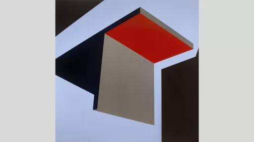 Abstract square black corners red grey black geometric shapes. Almost like looking up at a giant 3d letter T in the sky