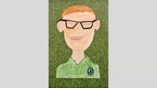 Portrait by Hamish of Leo. Hamish has glasses and is laughing.The drawing is on a back ground of grass.