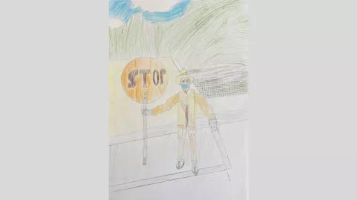 A pencil drawing of a school crossing supervisor holding a stop sign.