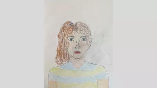 Drawing of a girl with long hair tied up in a pony tail. She is wearing a t-shirt with horizontal stripes.