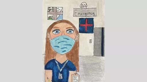 Drawing of a woman in hospital scrubs wearing a mask. She is wearing an ID tag for the hospital, and in the background there is a sign for the emergency department.