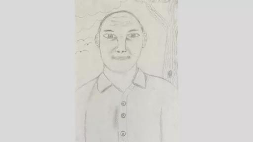 Pencil drawing of Dad. He is wearing a collared shirt and has short hair. He is standing in front of a tree.