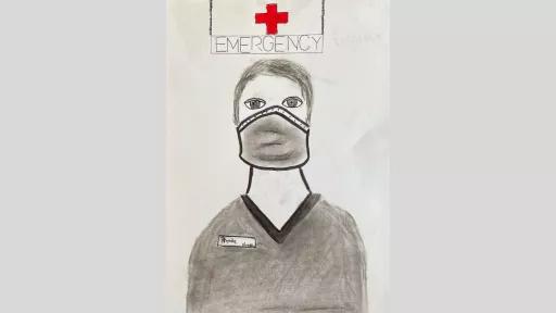 Drawing of a woman in hospital scrubs wearing a mask. She is wearing a name tag that says "Rhonda". In the background there is a sign for the emergency department.