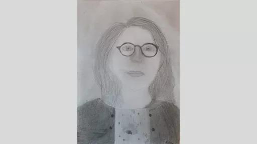 Graphite drawing of Miss Abraham. She is wearing round glasses and a cardigan.