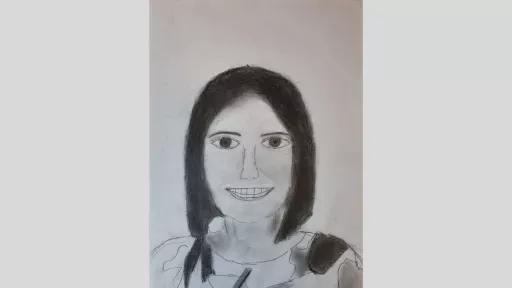 Graphite portrait of Mrs Kapetanakis. She has short hair and is smiling.