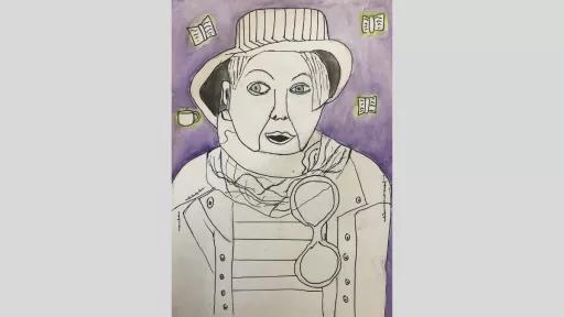 Marker drawing of Babcia. They are rugged up, wearing a jacket, scarf and hat. There are big round glasses hanging from the scarf. Books are flying in the background.